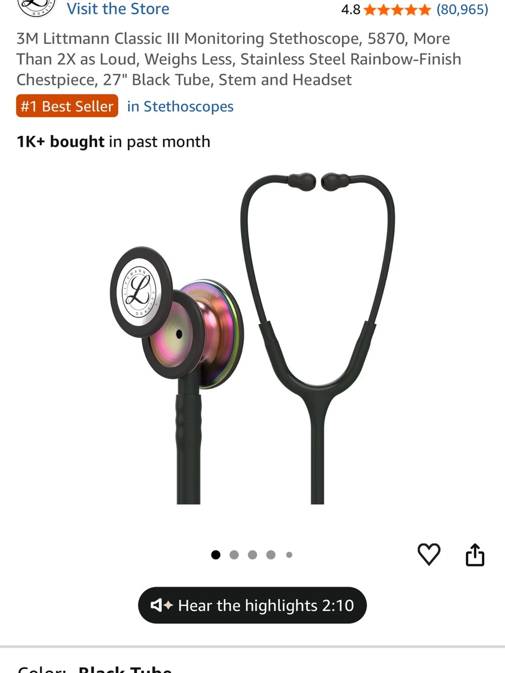 Littmann Classic III Stethoscope - Black Tube with Rainbow Chestpiece